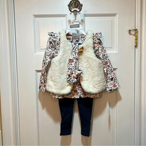 NWT Tahari Kids 4-piece Set Bodysuit Pants Faux Fur Vest Headband 3T
